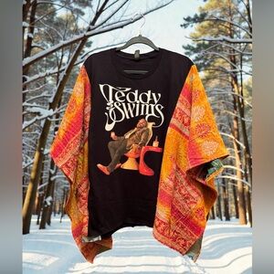 TEDDY SWIMS BAND T Poncho Kantha  Pockets Handmade One Of a Kind Upcycled Boho